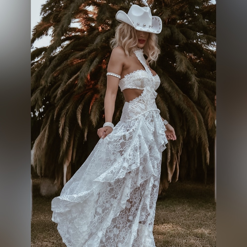 Bohemian Lace Cut Out Bridal Dress, Western Elopement Dress
